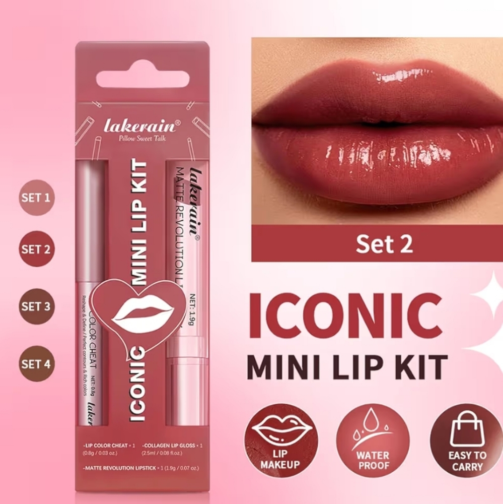 Pink Glossy Lip Balm 3 Pc. Set #2  By Lakerain NWT Liner, Lip Color And Glosser